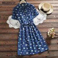 Ulzzang Mori Girl Summer Women Blue Dresses Cloud Pattern Printed Short Sleeve Vintage Vestidos Japanese Cute Kawaii Female Dres