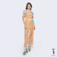 TandT - "MADDY" Cowl Neck Asymmetric Draped Lace Midi Dress เดรสสายเดี่ยวยาวเข้ารูปคอถ่วง แขนเปิดไหล่ รูดย่นระบายตกแต่งดอกกุหลาบ ผ้าลูกไม้ซีทรูทอลายดอกไม้