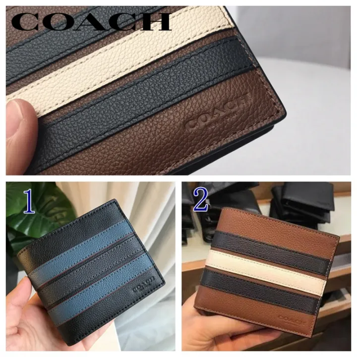 Coach Short Wallet Men Fashion Striped Color Block Wallet Multi-card Leather  Large Capacity Original 100% 37333 | Lazada PH