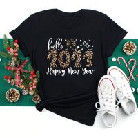 Hello 2023 Leopard Woman Clothes Black T-shirts Cal Y2k Female New Year Tops Graphic T Shirts Christmas Costume