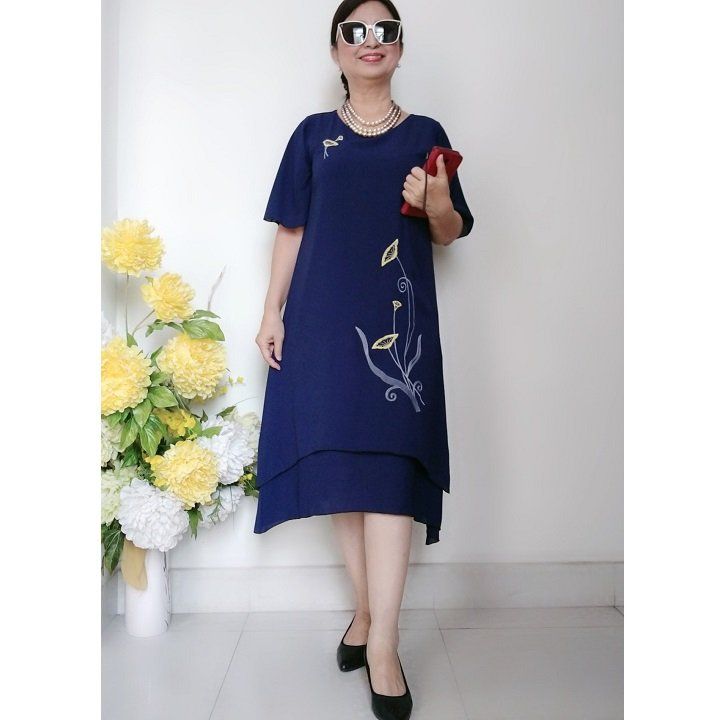 Váy Đầm Trung Niên - Vải Voan Thêu Hoa Tà Cong - Dáng Suông A - Size Từ  53Kg - 95Kg - Đầm, váy nữ | ThờiTrangNữ.vn