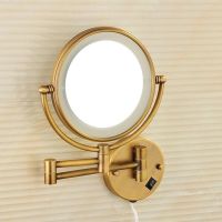 Makeup Mirror Antique Brass Bathroom Mirror 8 Inch LED Light Folding Makeup Magnify Mirror 3 X Magnification Wall Hanging Mirror