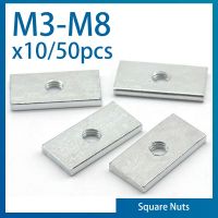 10/50 buah mur persegi M3 M4 M5 M6 M8 baja karbon berlapis seng blok Slider kacang persegi panjang untuk Aksesori profil aluminium