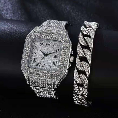 Watches for Men Women Luxury Hip hop Iced Out Gold Watch with Bracelet Cuban Chain Quartz Square Relogio Masculino Groomsmen