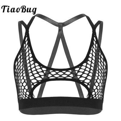 ▧ Women 39;s Hollow Fishnet Halter Elastic Spaghetti Straps Crisscross Back Cutout Underboob Crop Clubwear