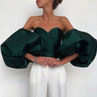 Vintage Women Blouses Party Formal Tops Shirt Strapless Bare Shoulder Big Lantern Sleeve Zipper Crop Top for Dinner Ball Y2K