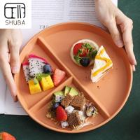 SHUBA ภาชนะพลาสติกทรงกลม3ช่องสำหรับใส่เครื่องครัวอาหารเย็นอุปกรณ์บนโต๊ะอาหารชามใส่อาหารในครัวจานแบ่งช่องเป็นมิตรต่อสิ่งแวดล้อม