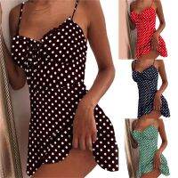 【Ladies shop】ฤดูLadies shopผูกด้านหน้า V NeckSexy Dot PrintDress ผู้หญิงปิดไหล่นัวเนีย PartyFemme BacklessDresses