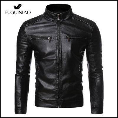 FUGUINIAO Mens PU Leather Jacket Casual Coat Biker Suit Design Pocket Windproof Leather Coat M-4Xl