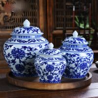 【LZ】✿  Tanque de cerâmica geral de porcelana tanque simples azul e branco com tampa grande pote de chá armazenamento selado