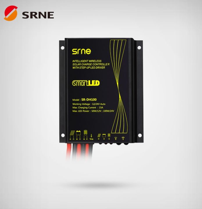 {“: SRNE SR-DH100เครื่องควบคุมการชาร์จโซลาร์12V 24V 15A เครื่องควบคุมการชาร์จพลังงานแสงอาทิตย์ไร้สายอัจฉริยะพร้อม IP68ไดรเวอร์ LED ขั้นบันได