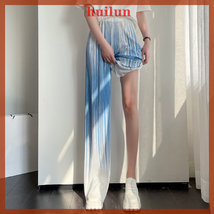 huilun-เสื้อมัดย้อมสำหรับผู้หญิง-ทรงตรงมีจีบยาวถึงพื้นมีเอวสูงปล่อยกางเกงขาม้าลำลอง
