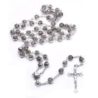 8mm Metal Silver Plated Retro Rosary Cross Pendant Rosary Necklaces Men Women Eeligious Belief Prayer Jewelry Accessory Gifts Fashion Chain Necklaces