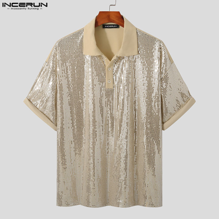 Beehoo Incerun Mens Short Sleeve Sequin Wet Look Shirt Hippy Disco Clubwear Blouses Tops Korean 