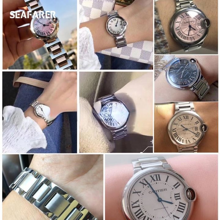 สายนาฬิกาสแตนเลสแข็งสำหรับคาร์เทียร์บอลลูนสีฟ้า-w6920084-ผู้ชายและผู้หญิงสายนาฬิกาเข็มกลัดผีเสื้อ-20x12-มม-สายนาฬิกา