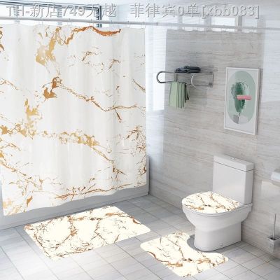【CW】♈  Marble Print Shower Curtain Fabric Polyester Stripes Printing Non-Slip Rug Toilet Cover Set