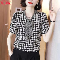 IMIXCITY ผู้หญิงเสื้อยืดฤดูร้อนคอวีผูก Houndstooth หลวมแฟชั่นอารมณ์เสื้อแขนสั้น