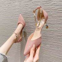 High Heels Pengantin แต่งงานสำหรับผู้หญิงสีขาวส้นสูงระดับกลาง2023รองเท้ามูลส์สีชมพู