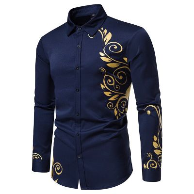 ZZOOI Mens Brand Shirt Hot Stamping Printed Dress Shirt Blue Long Sleeves   Slim Autumn Casual Long Sleeve Button Down Social Shirts