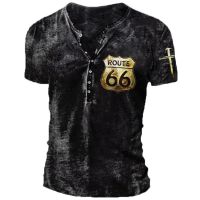 Short SlVintage Route 66 Shirt 3d Mens Button V-neck eeve Crucifix Oversized Top Tee Shirt Man Imitation Cotton Punk Streetwear