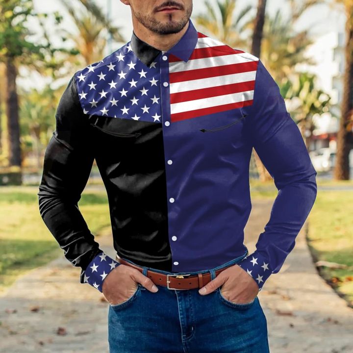 เสื้อเชิ้ตแขนยาวสำหรับผู้ชายผ้าแถบสีเย็บติดกันลายทางลำลอง2023ธงชาติอเมริกาคอพับมีกระดุม