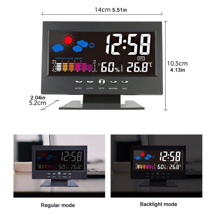 หน้าจอสี-lcd-นาฬิกาปลุกจอแสดงผลดิจิตอลอัจฉริยะสถานีสภาพอากาศเครื่องวัดความชื้นเครื่องวัดอุณหภูมิเตือนปฏิทินนาฬิกา