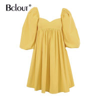 Bclout 2021 Blue Black Square Collar Elegant Dress Women Summer Puff Sleeve A-Line Dresses Office Backless High Waist Midi Robe