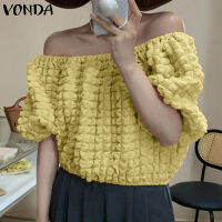 VONDA เสื้อแขนพองสั้นเปิดไหล่ข้างเดียวสไตล์ลำลองสำหรับผู้หญิง,Atasan Motif Kotak Kotak สีทึบฤดูร้อน (ลำลองเกาหลี) [ลดล้างสต๊อก]