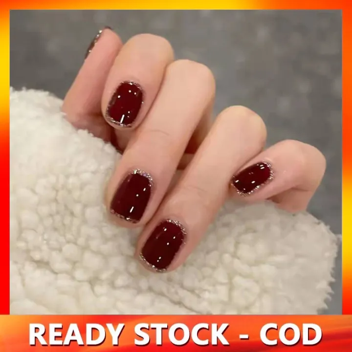 Nail Art 24pcs/set Red Gold Cady Glitter Color Fake Nails With Glue Short  Full Nail Tips Nail | Lazada Singapore