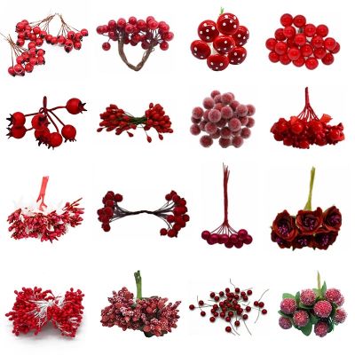 【cw】 Red Theme Artificial FlowerStamen Berries BundleChristmas Decoration WeddingGiftWreaths Xmas Decor