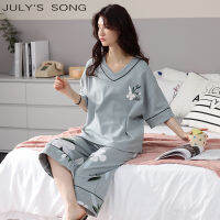 JULYS SONG M-5XL Plus Size Women Sleepwear Summer Short Sleeve Calf-length Pants Pajamas Cotton Print Nightwear Casual Pyjamas