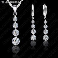 ✾❁☑ Trendy Long 925 Silver Needle Chain Crystal Pendant Necklace Hoop Earrings Jewelry Set For Women Wedding Party