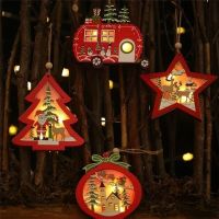 LED Light Christmas Tree Star Car Wooden Pendants Ornaments Xmas DIY Wood Crafts Kids Gift for Home Christmas Party Decorations Christmas Ornaments