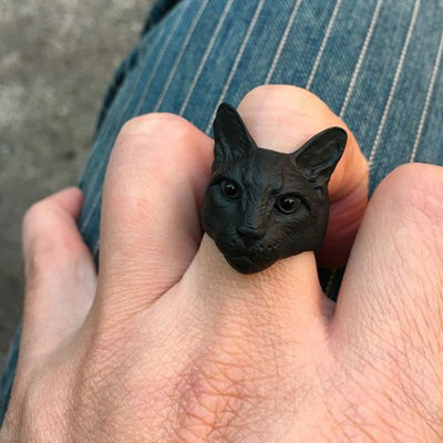 ใหม่อินเทรนด์ที่ไม่ซ้ำกันปรับหัวใหญ่แมวแหวนสีดำผู้ชายแฟชั่นสัตว์แมวแหวนผู้หญิงเครื่องประดับ