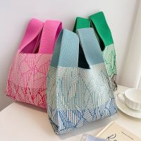 Handmade Knit Handbag Women Mini Knot Wrist-bag Female Casual Color Wide Stripe Plaid Tote Bag Student Reusable Shopping Bag