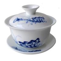 Gaiwan ถ้วยชาทรงดอกบัว150มล.,ถ้วยน้ำชาน้ำชาน้ำชาน้ำชาน้ำชาน้ำชาชาจีนแบบดั้งเดิมเครื่องลายครามสีฟ้าฝาปิดถ้วย