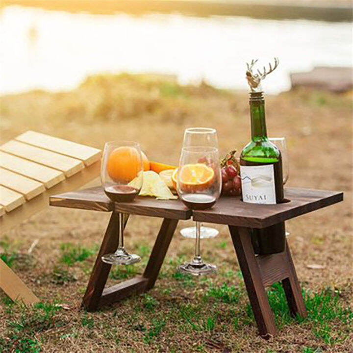Wooden Outdoor Portable Folding Camping Picnic Table with Glass Rack