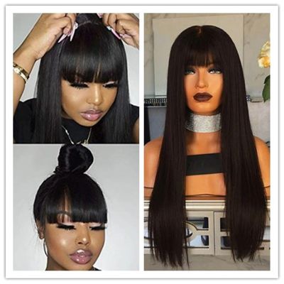 SuQ Women 39;s Long Straight Wig Hair With Bangs Synthetic Natural Black Cosplay Party Long Heat Resistant Daily Wigs For Women