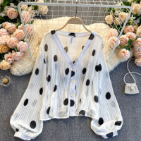 Neploe French Style Sweet Polka Dot Chiffon Blouse Elegant V Neck Single Breasted Femme Blusas Spring Slim Fit Pleated Shirts