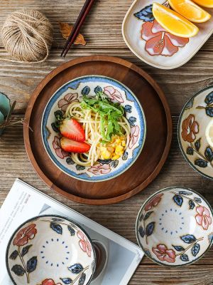 จานชามข้าวสำหรับใช้ในครัวเรือนสุดสร้างสรรค์จากญี่ปุ่นสีฟ้าแดงดอกไม้เซรามิกใต้ Guanpai4
