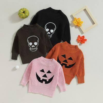 FOCUSNORM 0-4Y Autumn Winter Baby Girls Boys Knitted Sweater Halloween Pumpkin/Skull Print Long Sleeve Pullovers Knitwear