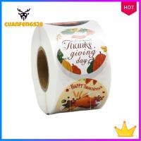 สติกเกอร์ลาย Happy Thanksgiving CUANFENGS28ม้วนกาวป้ายสติกเกอร์ฟักทอง500ชิ้นสติกเกอร์ของขวัญกลมตกแต่งงานปาร์ตี้