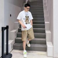 【hot seller】 Youth bear casual suit mens summer new European fashion short-sleeved a complete set of handsome collocation