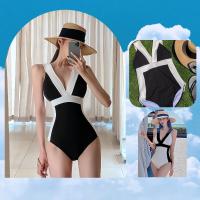 hotx 【cw】 V-Neck Swimwear 2023 and Patchwork Push Up Swimsuit Cut Out Piece Beachwear Bathing