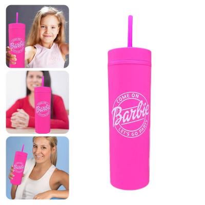 Double Layer Plastic Straight Cup Barbie Pink Studded Tumbler Straw Cup J6R3