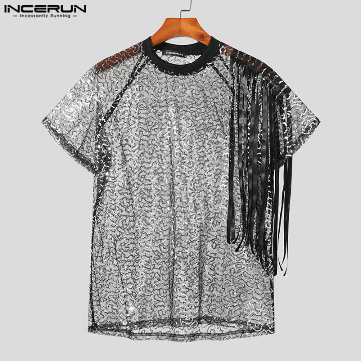 incerun-เสื้อเชิ๊ตผู้ชายแบบเสื้อแขนเสื้อมีเลื่อมเสื้อเชิ๊ตเสื้อยืดคอกลมเสื้อเชิ๊ตเสื้อยืดมีพู่เสื้อเชิ๊ตแบบตะวันตก