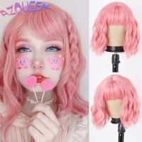 Synthetic Wig Short Bob Pink Wig with Bangs for Women Black Blonde Ombre Wave Natural Bob Wavy Wigs Heat Resistant False Hair Wig  Hair Extensions Pad