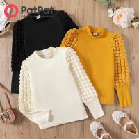 PatPat Kid Girl Textured Long Puff-Sleeve Mock Neck Solid Color Tee