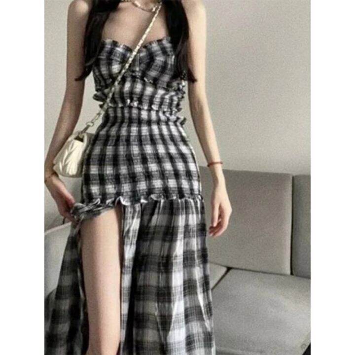 mexzt-vintage-plaid-dress-women-slit-strapless-irregular-a-line-midi-dresses-korean-split-slash-neck-slim-sundress-vestidos