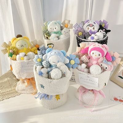 คาวาอิ Sanrio อนิเมะน่ารัก Kuromi Cinnamoroll ช่อดอกไม้ตุ๊กตาเมโลดี้ดอกไม้เทียมใช้ตกแต่งบ้านช่อดอกไม้ของขวัญคริสต์มาสเด็กผู้หญิง